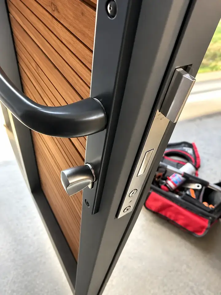 Serrure à larder avec pêne dormant et bouton de condamnation posée sur une porte d'entrée en aluminium