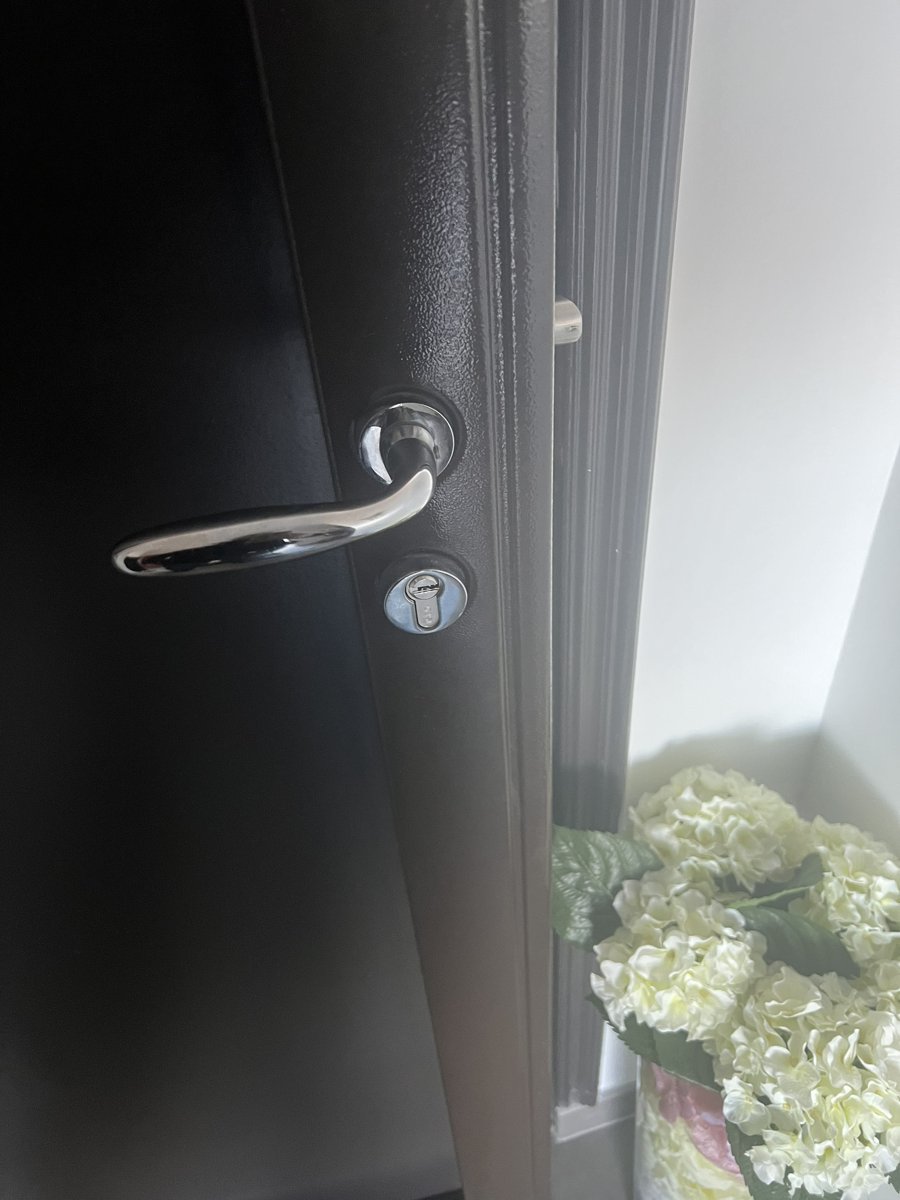 Poignée chromée et cylindre de sécurité sur une porte d'entrée sombre